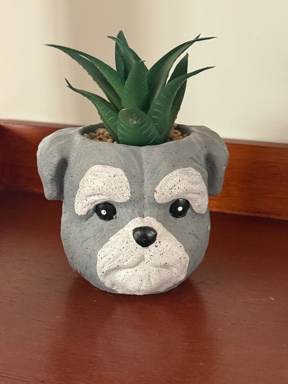 Cute Gray Dog Face Planter with Faux Succulent